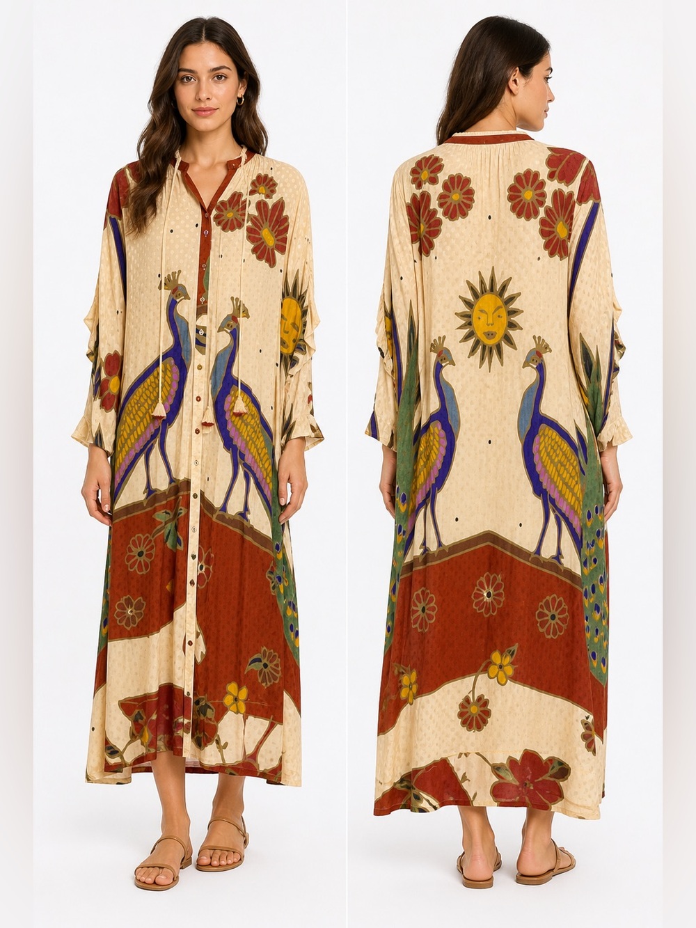 Caroline K Zoe peacock print Kaftan Maxi dress Boho Artisan Tassel Tie Belted